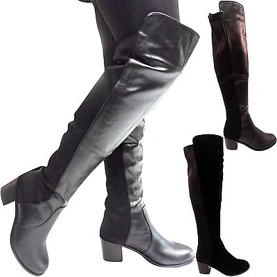 £9.95 • Buy New Womens Ladies Low Block Heel Thigh High Over Knee Boot Stretch Pull On Retro