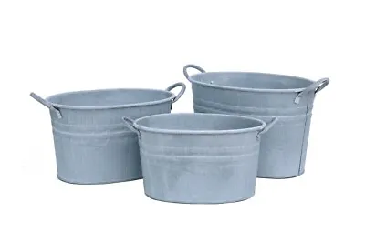 Dipamkar Set Of 3 Rustic Zinc Metal Planter Tub Plant Pots With Handles • £45.99