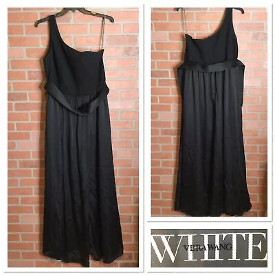 Vera Wang White Ebony Silk One Shoulder Satin Sash Maxi Dress Black Size 18 • $85.49