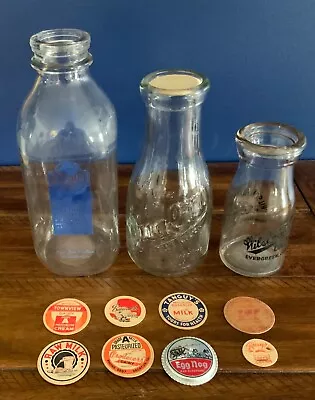 Vintage Lot Of 3 Glass Milk Bottle & 8 Lids Texas Indiana Colorado • $19.99