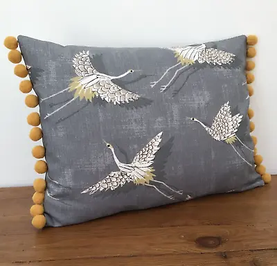 Grey Stork Heron Cushion Cover NAOKO Tropical Bird Fabric Mustard Pom Pom Trim • £13.50