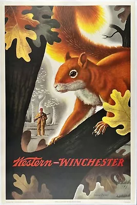 Original Vintage Poster WESTERN WINCHESTER Rifle Shotgun Squirrel Hunting LINEN • $899