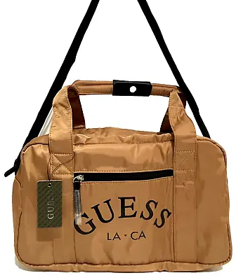 Authentic GUESS LOGO DUFFLE GYM TRAVEL BAG CROSSBODY HANDBAG STRAP Tan Black NEW • $62.95