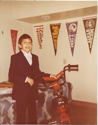 Vintage Photo 1983 Boy In Bedroom By Bed Pennant Flags And New BMX Bike Bicycle • $5