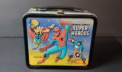 VINTAGE 1976 MARVEL COMICS SUPER HEROES LUNCHBOX Lunch Box METAL Thermos • $140