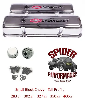 $139.95 • Buy Chevy 283 327 305 350 400 Small Block Tall Valve Cover Kit BOWTIE CHROME STEEL