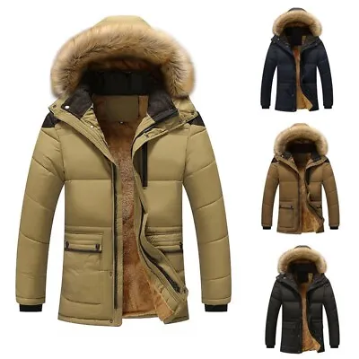 Winter Men Warm Zip Jacket Faux Fur Collar Thick Coat Padded Hooded Outwear • £39.59