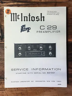 McIntosh C29 / C-29 Preamp / Preamplifier Service Manual *Original* • $29.97