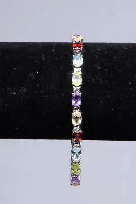 Multi-Color Round Multi-Gemstone Sterling Silver Tennis 8 In Bracelet • $65