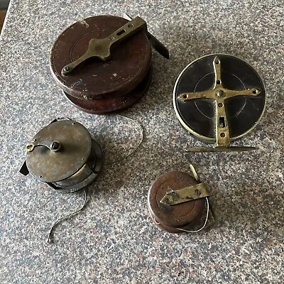 4 Used Vintage Wooden Brass & Bakelite Fishing Reels  FREE UK P&P • $59.76