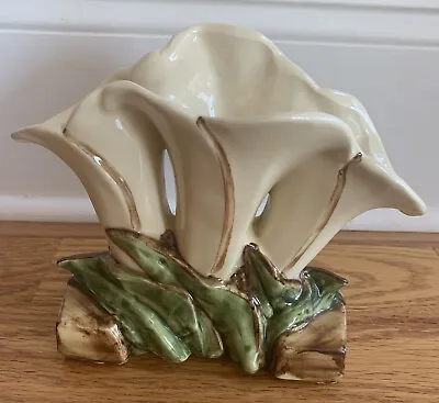 McCoy Triple Cala Lily Art Pottery Vase Yellow Green Brown Mid Century Vintage • $44.99