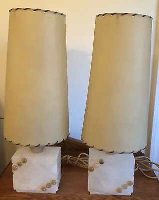 MCM Vintage Marble & Agate Stone Base Atomic Age Pair Lamps W/ Fiberglass Shades • $125