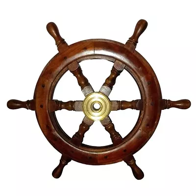 18  Wood Ship Wheel With Brass Center -Large Wooden Ship's Wheel -Nautical Decor • $53.99