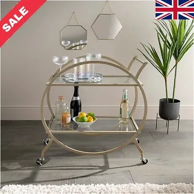 Gold Drinks Trolley With Glass Shelves Mini Bar Cocktail Table Drink Table UK • £62.99