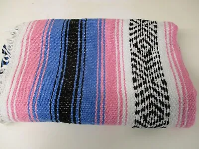 £20 • Buy Mexican Blanket, Throw, Rug, Pink, Blue, Woven Stripes, Picnic, Festival