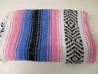 Mexican Blanket Throw Rug Pink Blue Woven Stripes Picnic Festival • £20