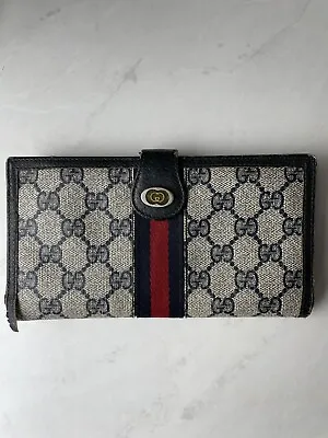 Vintage Gucci Accessory Collection Navy Monogram Leather Trifold Wallet RARE • $125