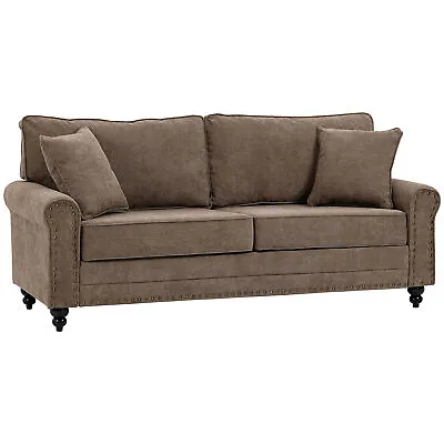 HOMCOM Fabric Sofa 3 Seater Sofa For Living Room W/ Throw Pillow Brown • £319.99