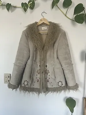 TREE OF LIFE Penny Lane Afghan Coat - Size Medium Suede Fleece Embroidery Cream • $189