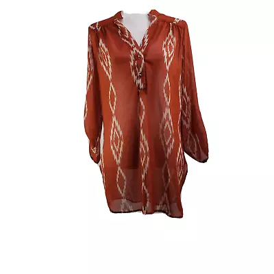 YAHADA U.S.A. Womens Rust Orange Aztec Sheer Sleeve Top Size Large • $11