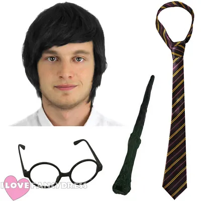 Wizard Fancy Dress Kit Black Wig Glasses Wand And Tie School Book Week Costume • £14.99