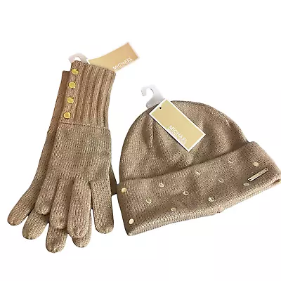 Michael Kors Women's Camel Gold Knitted Gloves Gold Button With Studded Beanie • $49