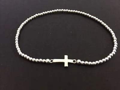 Genuine 925 Sterling Silver Sideways Cross Bracelet Solid Stretch Ball Beads  • $18.65