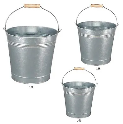 Traditional Galvanised Strong Steel Metal Small Large Bucket With Wooden Handle • £8.99