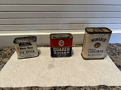 LOT OF 3 VINTAGE ANTIQUE SPICE TINS. Monarch White Villa Quaker! • $20