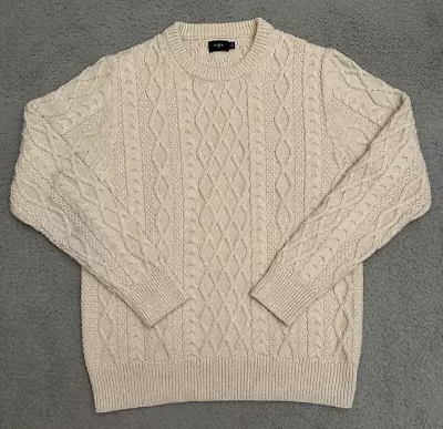 J Crew Cable Knit Fisherman Sweater Men's Medium Biege Preppy Stretch Crewneck • $34.99