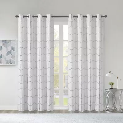 Intelligent Design Raina White Metallic Print Grommet Top Curtain 50in X 84in • $19.95