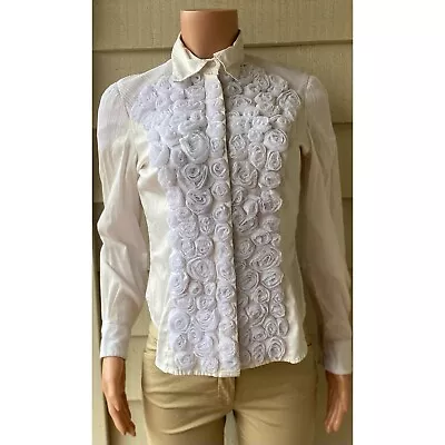 Vintage Wills Lifestyle White Button Down Floral Frilled Ruffled Blouse Small • $14.99