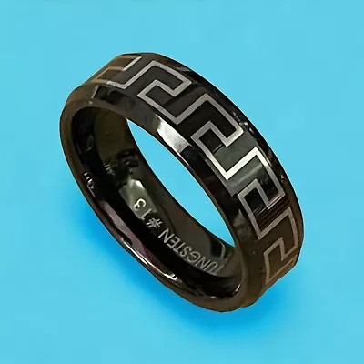 8mm Men Versace Design Tungsten Greek Key Gold Plated Inlay Wedding Band Ring • $13.50