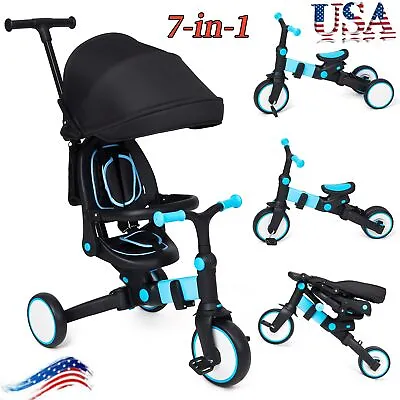 7 In 1 Baby Tricycle Toddler Push Bike With Removable Pedal Canopy Guardrail  • $83.71