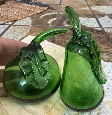 Vintage PAIR Murano Style Hand Blown Glass Fruit Green Apple AND Pear With Leaf • $39.98