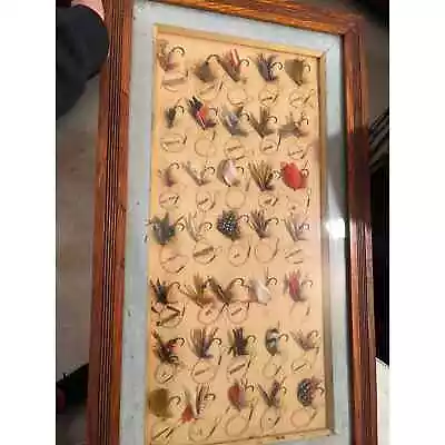 Vintage Framed Collection Of Fly Fishing Feather Hooks In Wood Frame  • $149.99