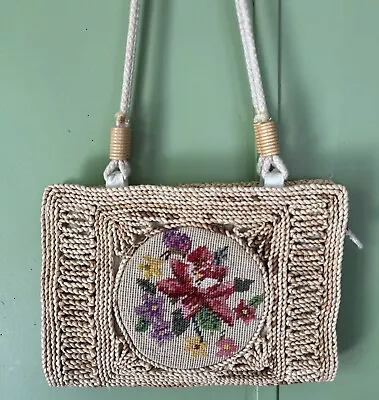 Vtg Embroided Straw Raffia Shoulder Bag Purse Rope Handles Wood Beads Macrame • $20