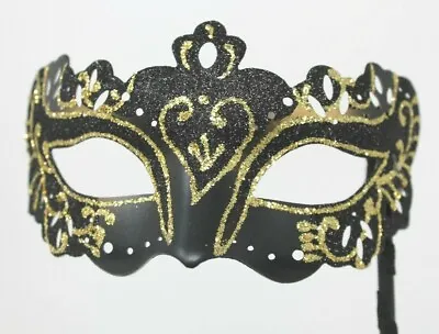 Black & Gold Venetian Masquerade Party Prom Carnival Eye Mask Hand Held Stick • £12.99