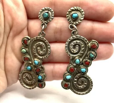 Mexico MATL STYLE Sterling Silver Turquoise Coral Large Dangle Earrings (20.2g) • $38.99