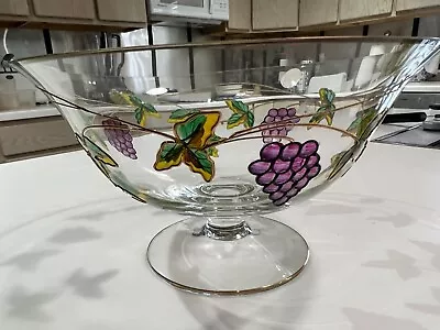 Handcrafted Crystal Clear Bowl Footed Hand Painted Grapevines Romania VTG.  • $27