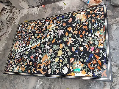 7'x3.5' Black Marble Dining Table Top Lapis Malachite Inlay Mosaic Bird Antique • $8430.30