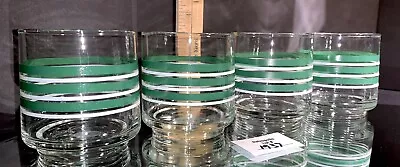 4 Vtg MCM Mid Century Style Clear Rocks Juice Glasses Green White Stripes • $39.90