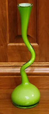 Vntg Makora Krosno Polish  Mid Century Modern Spiral Green Cased Glass Vase Cool • $65