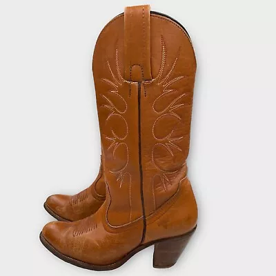 Frye High Heel Brown Leather Cowgirl Boots Vintage 70s Made In The USA Womens 8 • $64.88