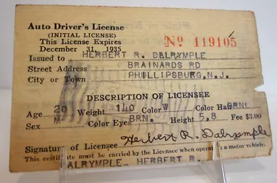 Vtg Original 1935 State Of New Jersey Auto Driver's License (initial License) • $28.99