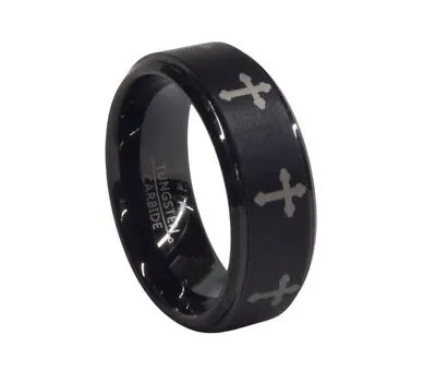 Men's 8mm Black With Cross Detailing Tungsten Wedding Band Ring • $16.99