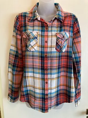 I Love H81 Large Women’s Orange Multi Colored Plaid Shirt Long Sleeve Button Up • $13.50