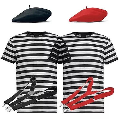 Men French Mime Artist 3 Piece Fancy Dress Costume Accessory Circus Joker Outfit • £14.90