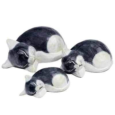 Cat Family Set Of 3 Ornament Figure Wooden Super Cute Gift Sleeping Cats • £19.95
