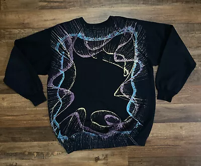 Vtg Hanes Sport Spin Art Crewneck Sweatshirt Mens XL Long Sleeve Pullover Black • $75